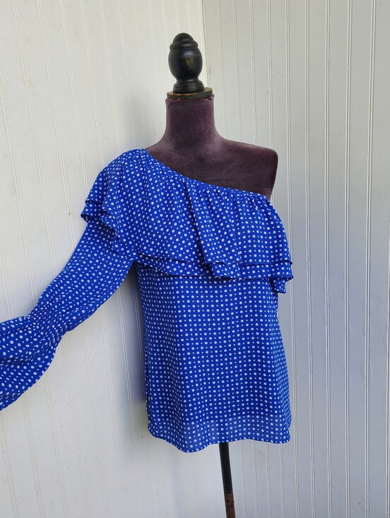 MICHAEL Michael Kors Tops - Michael Kors Royal Blue White Dots Ruffle One Shoulder Top Blouse Sz S